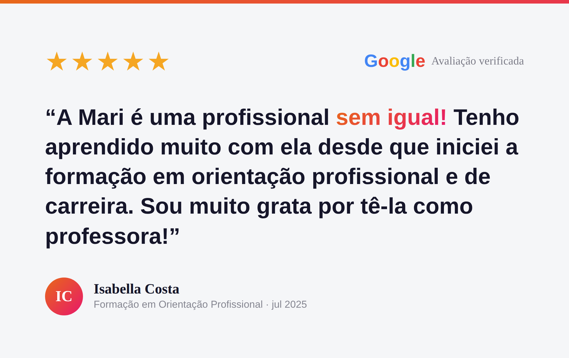 Avaliação de Isabella Costa no Google
